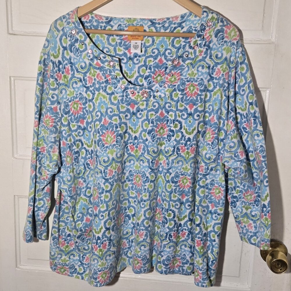 Ruby Rd Top Women 3X Blue Green Pink Floral Beads 3/4 Sleeve Notched Collar